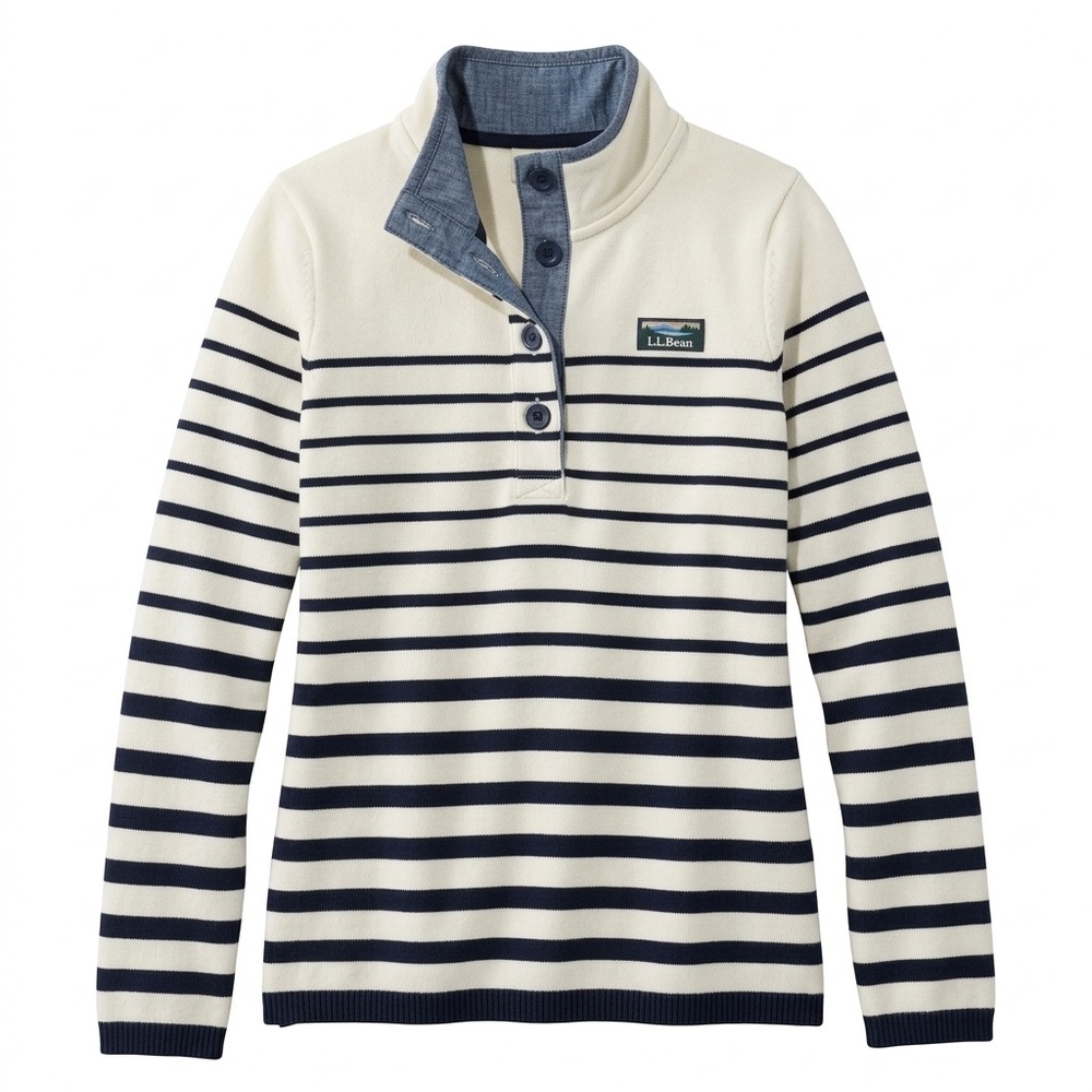 LLBEAN Striped Rugby Shirt White & Navy Blue Coastal Mariniere Preppy